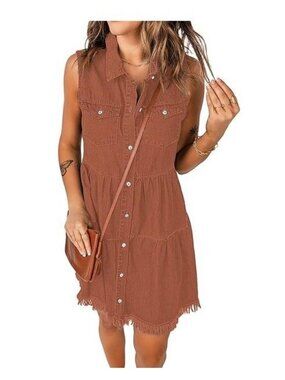 Luvamia Sleeveless Button-Down Tiered Shirt Dress Rust Size M 100% Cotton Summer